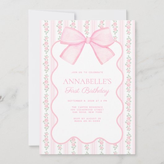  roze strik bloemig elegante verjaardag kaart (Voorkant)