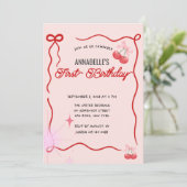  roze strik bloemig elegante verjaardag kaart (Staand voorkant)