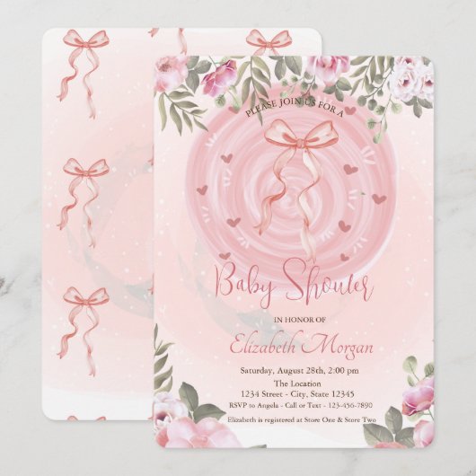 Roze Strik Bloemige Baby Shower Kaart (Voorkant / Achterkant)