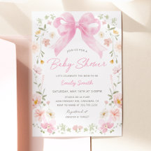 Roze Strik Bloemige Baby Shower Uitnodiging