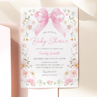 Roze Strik Bloemige Baby Shower Uitnodiging
