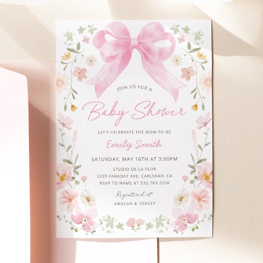 Roze Strik Bloemige Baby Shower Uitnodiging
