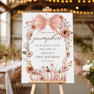 Roze Strik Bloemige Pompoen Verjaardag Welkom Post Poster