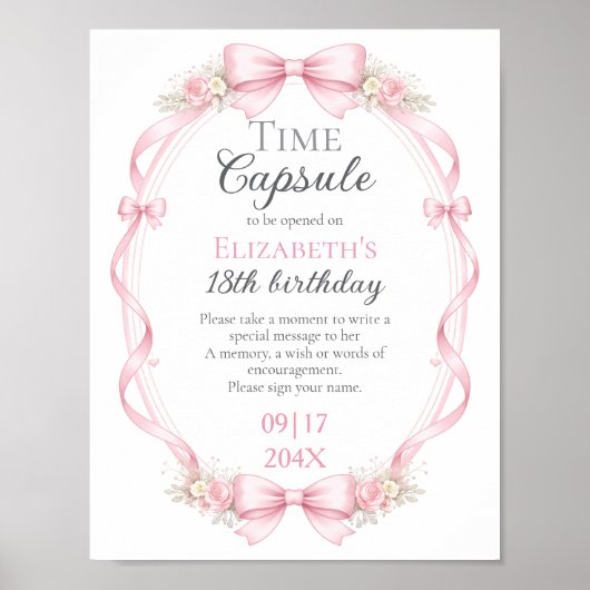 Roze Strik Bloemige Tijdcapsule Teken 1e Verjaarda Poster (Voorkant)