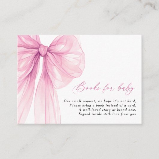 Roze strik boeken voor Baby shower Informatiekaartje (Voorkant)
