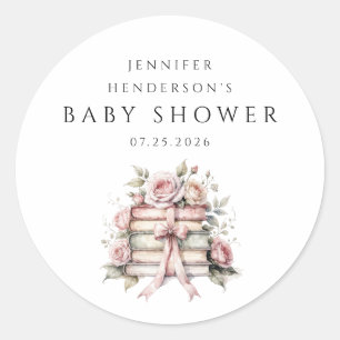 Roze Strik Boekenstapel Baby Shower Ronde Sticker