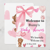 Roze strik bow teddybeer babyshower welkom kaart (Voorkant / Achterkant)