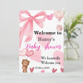 Roze strik bow teddybeer babyshower welkom kaart (Staand voorkant)