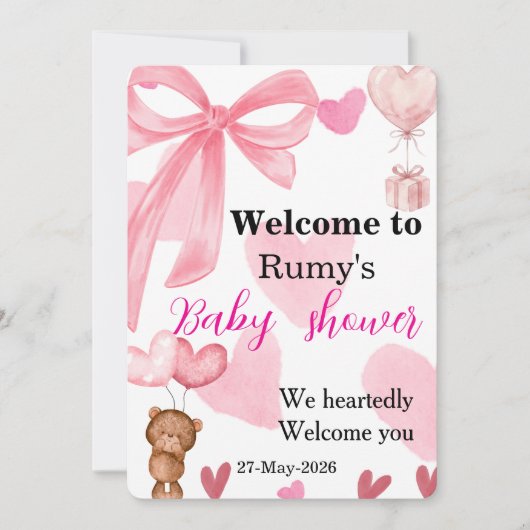 Roze strik bow teddybeer babyshower welkom kaart (Voorkant)
