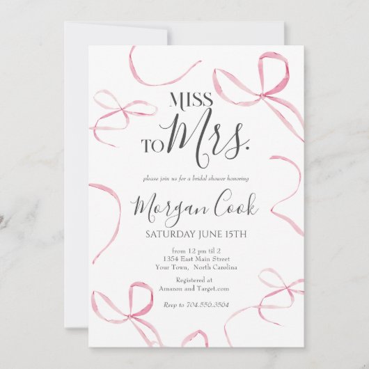 Roze strik bruids douche uitnodiging, miss aan mrs kaart (Voorkant)