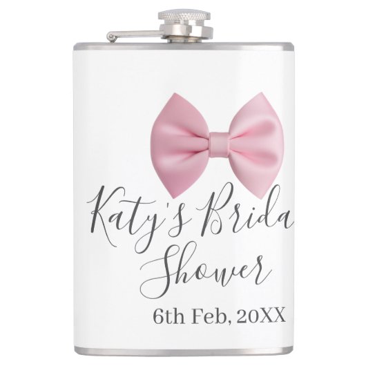Roze strik bruidsdouche naam datum pastel stijlvol heupfles (Voorkant)