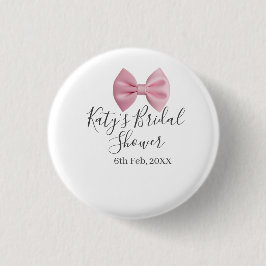 Roze strik bruidsdouche naam datum pastel stijlvol ronde button 3,2 cm