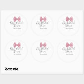 Roze strik bruidsdouche naam datum pastel stijlvol ronde sticker (Vel)