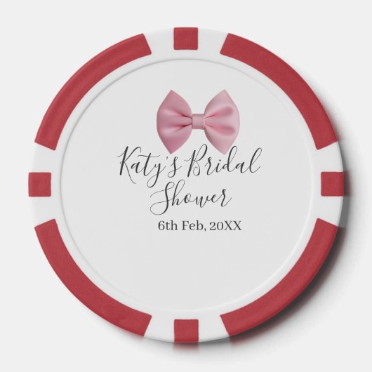 Roze strik bruidsfeest naam datum pastel stijlvol poker chips (Voorkant)