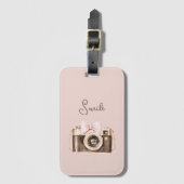 Roze Strik Bruine Camera Glimlach Bagagelabel (Voorkant (verticaal))