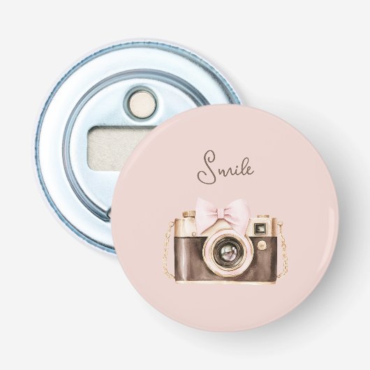 Roze Strik Bruine Camera Glimlach Button Flesopener (Voorkant)