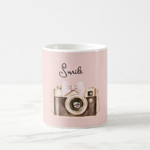 Roze Strik Bruine Camera Lach Koffiemok