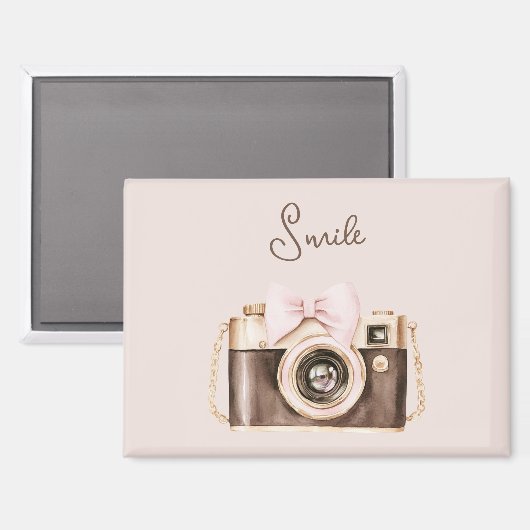 Roze Strik Bruine Camera Lach Magneet (Voorkant / Achterkant)