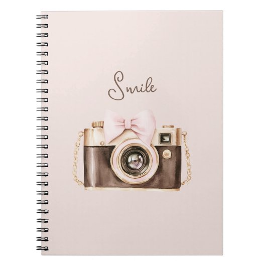 Roze Strik Bruine Camera Lach Notitieboek (Voorkant)