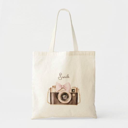 Roze Strik Bruine Camera Lach Tote Bag (Voorkant)