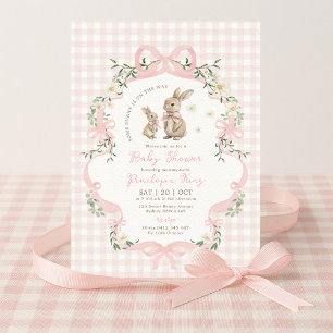 Roze Strik Bunny Gingham Bloem Meisje Baby Shower Kaart