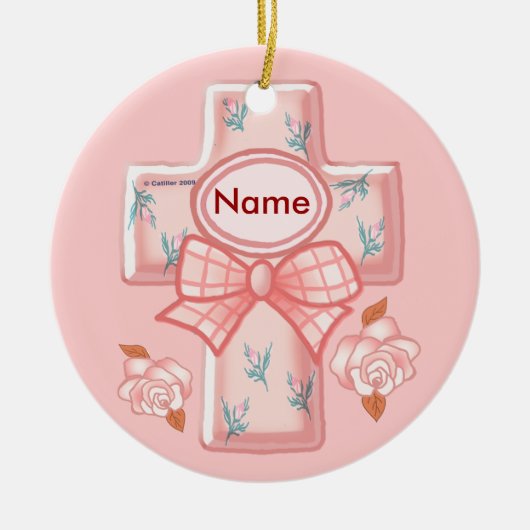 Roze Strik Christelijk Kruis Ornament (Voorkant)