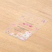 Roze strik Coquette Butterfly Es Niña Acryl Uitnodigingen (Laagn)