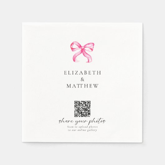 Roze Strik Coquette Deel Foto's QR Bruiloft Servet (Voorkant)