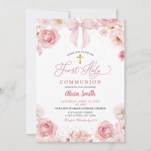 Roze strik Coquette Eerste Heilige Communie Kaart (Voorkant)