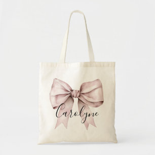 Roze strik coquette gepersonaliseerde naam bruidsm tote bag