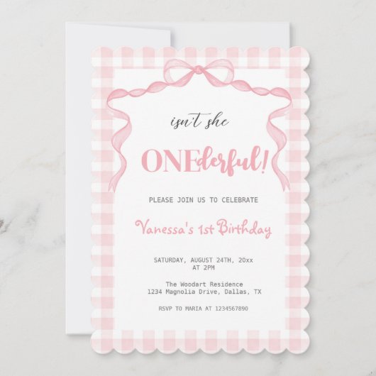 Roze Strik Coquette Onederful 1e Verjaardag Kaart (Voorkant)