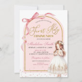 Roze strik Coquette Parel Eerste Heilige Communie Kaart (Voorkant)
