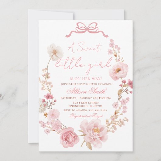 Roze strik coquette roze strik babyshower uitnodig kaart (Voorkant)