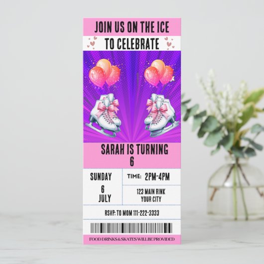 Roze Strik Coquette Schaatsen  Ticket Verjaardag Kaart (Staand voorkant)