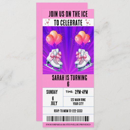 Roze Strik Coquette Schaatsen  Ticket Verjaardag Kaart (Voorkant / Achterkant)