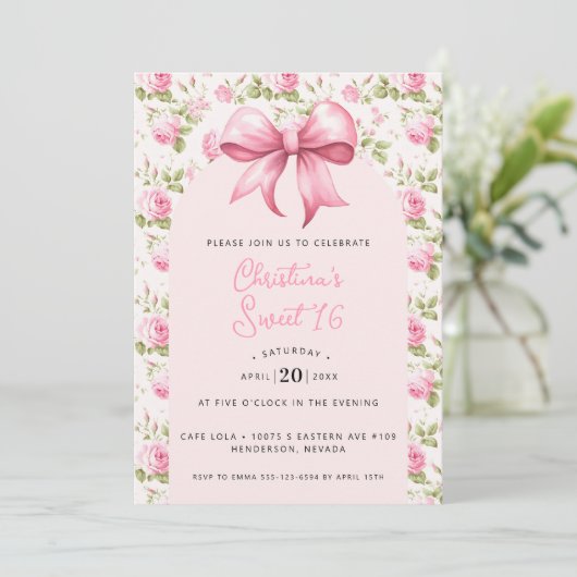 Roze Strik Coquette Sweet 16 Kaart (Staand voorkant)