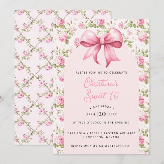 Roze Strik Coquette Sweet 16 Kaart (Voorkant / Achterkant)