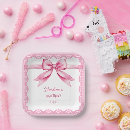 Roze strik coquette verjaardagsfeestje afgedrukt papieren bordje (Feest)