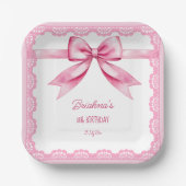 Roze strik coquette verjaardagsfeestje afgedrukt papieren bordje (Voorkant)