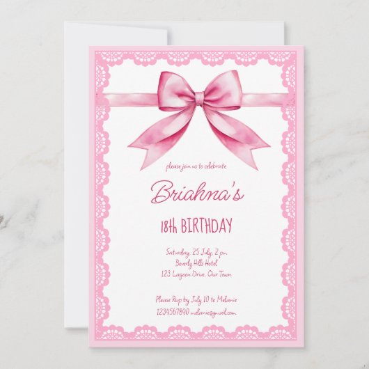 Roze strik coquette verjaardagsfeestje kaart (Voorkant)