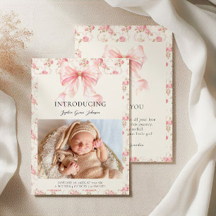 Roze Strik Cottage Bloemige Babyfoto Introductie Aankondiging