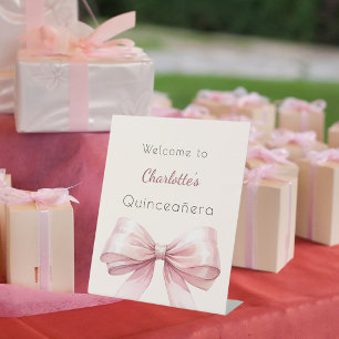Roze strik crème beige Quinceanera welkom Reclamebord Met Voetstuk