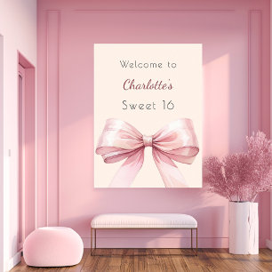 Roze strik crème beige Sweet 16 welkom Poster