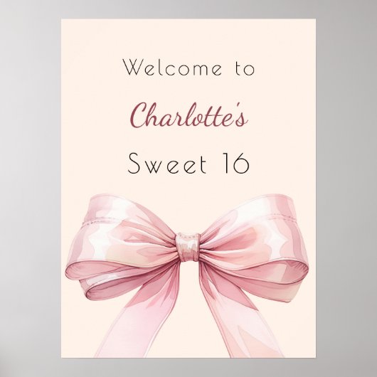 Roze strik crème beige Sweet 16 welkom Poster (Voorkant)