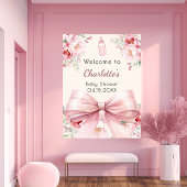 Roze strik crème bloemen baby shower welkomstbord poster