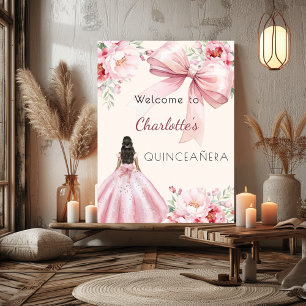Roze strik crème bloemen jurk Quinceanera welkom Poster