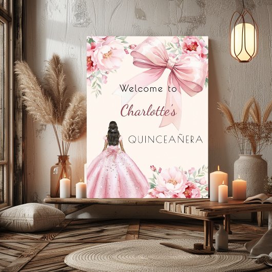 Roze strik crème bloemen jurk Quinceanera welkom Poster