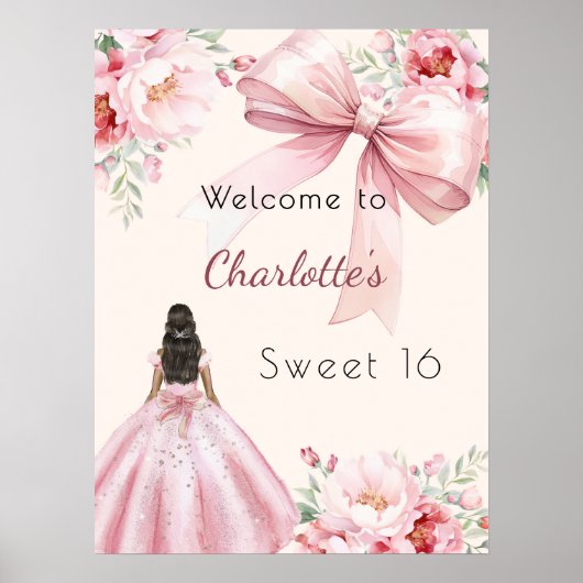 Roze strik crème bloemen jurk Sweet 16 welkom Poster (Voorkant)