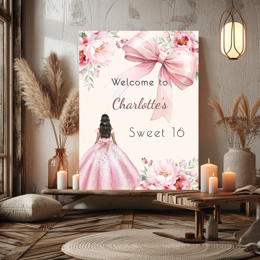 Roze strik crème bloemen jurk Sweet 16 welkom Poster
