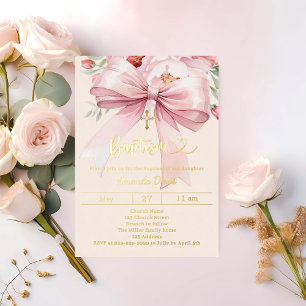 Roze strik crème bloemen meisje Doop goud Folie Uitnodiging